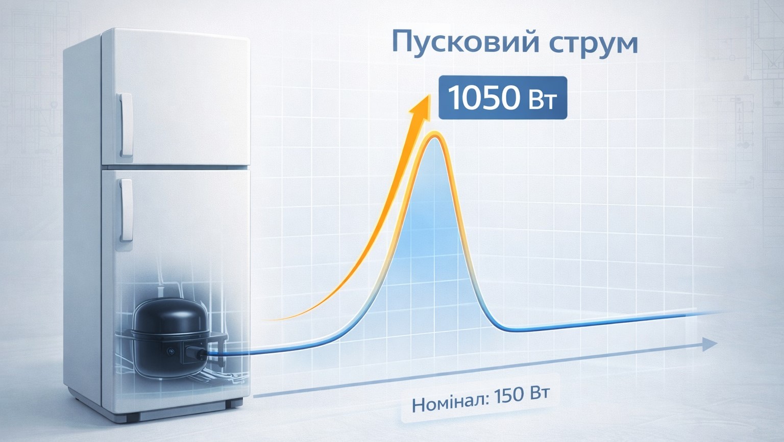 Пусковий струм холодильника: чому інвертору потрібен запас потужності в 3-5 разів Діаграма, наочно показує пусковий (inrush) струм холодильника. Номінальна потужність 150 Вт та піковий стрибок до 1050 Вт у момент запуску компресора