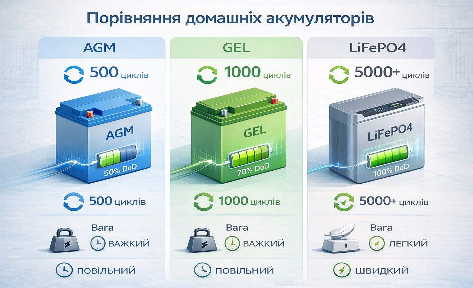 Візуальне порівняння трьох типів акумуляторів для інвертора: AGM, GEL та LiFePO4 AGM, GEL чи LiFePO4? Вибір кращого акумулятора для домашньої системи резервного живлення
