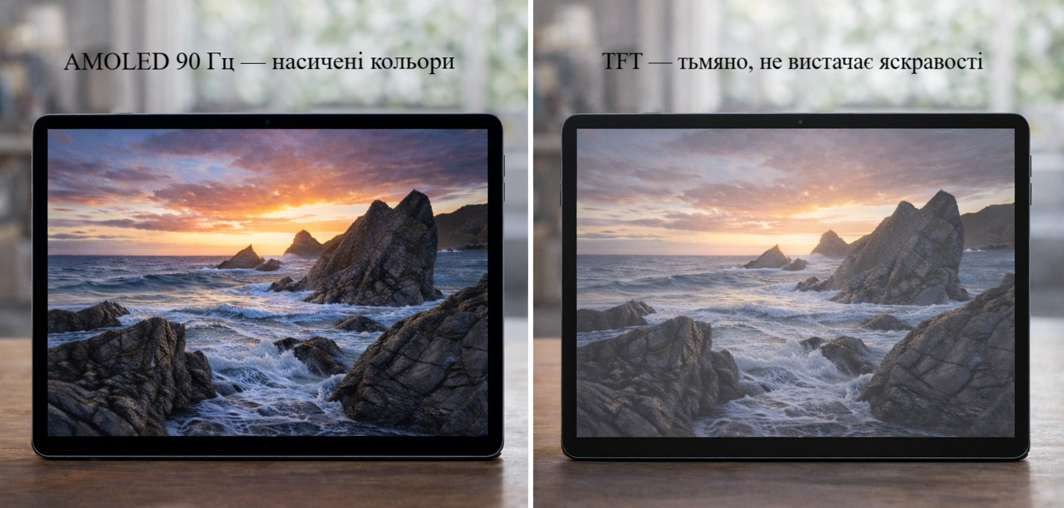 Сравнение экранов AMOLED 90 Гц и TFT — разница в цветопередаче и яркости.
