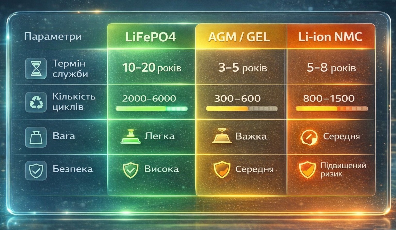 Подробное сравнение параметров аккумуляторов: LiFePO4, AGM, Li-ion Инфографика с таблицей сравнения аккумуляторов