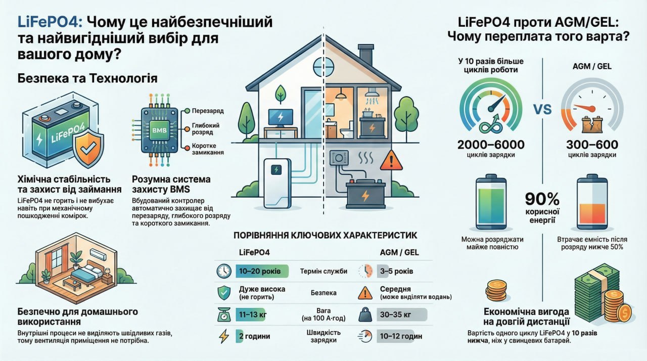 LiFePO4 самый безопасный и выгодный выбор для дома Аккумулятор LiFePO4 выдерживает 2000-6000 циклов зарядки, тогда как свинцово-кислотный только 300-600