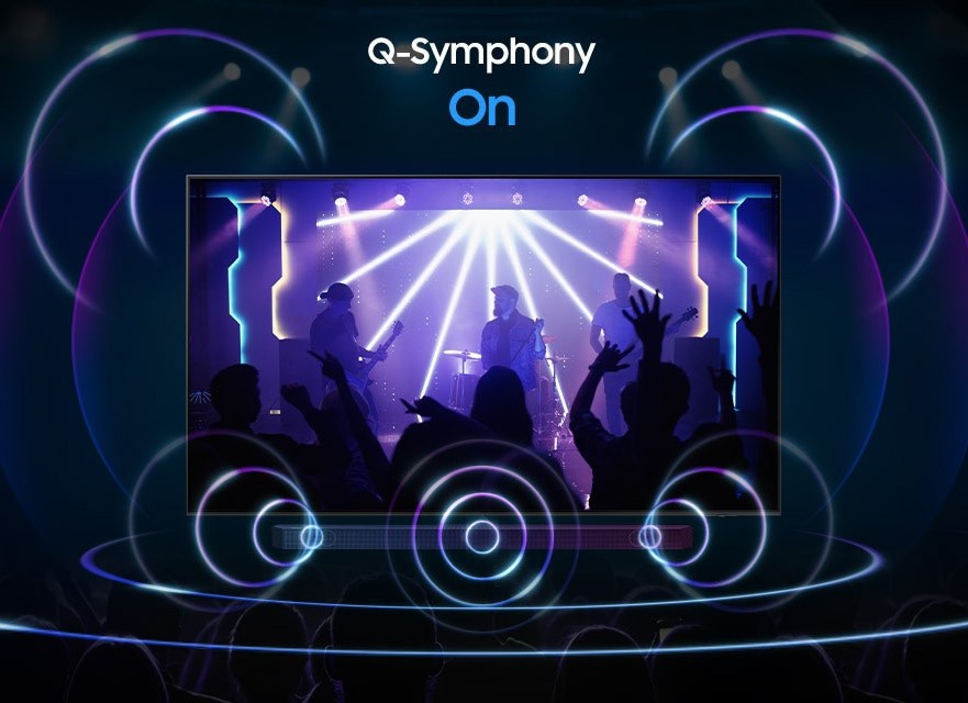 Технологія Q-Symphony дозволяє динамікам телевізора та саундбару працювати одночасно