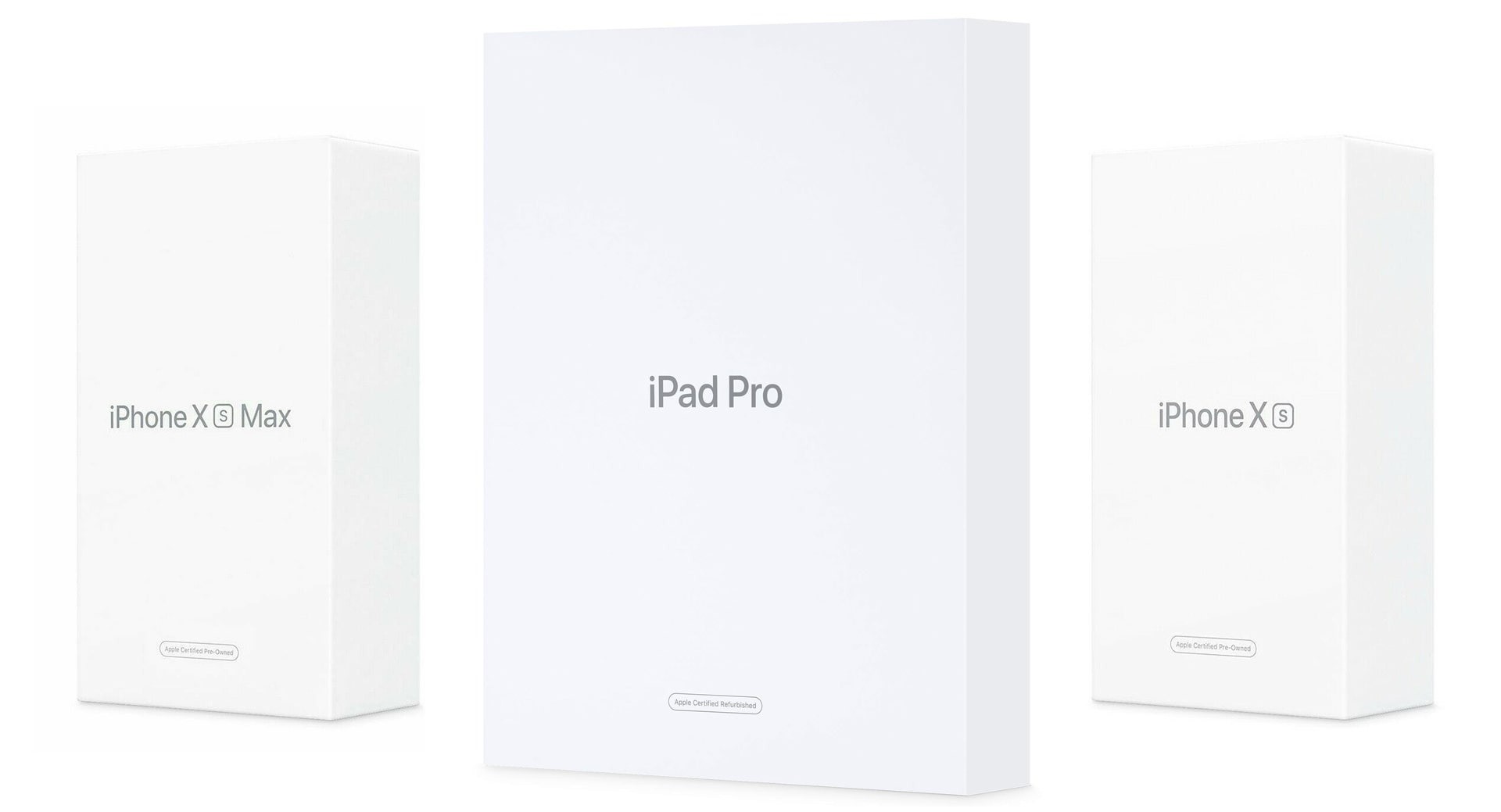 Белая минималистичная коробка официально восстановленного iPhone с надписью Apple Certified Pre-Owned