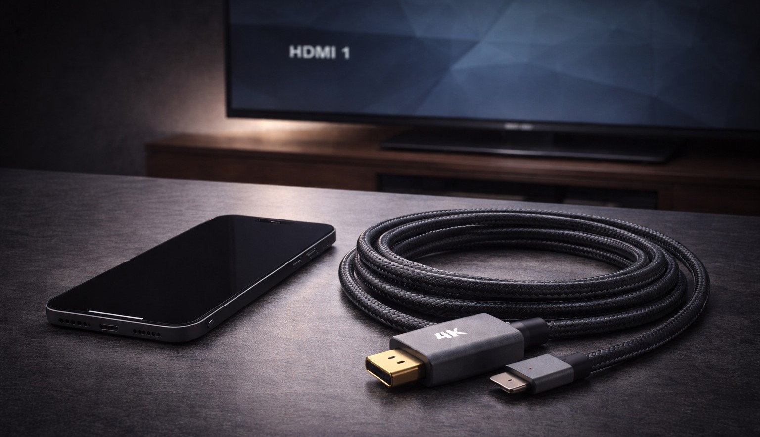 Смартфон и кабель HDMI с адаптером готовы к подключению