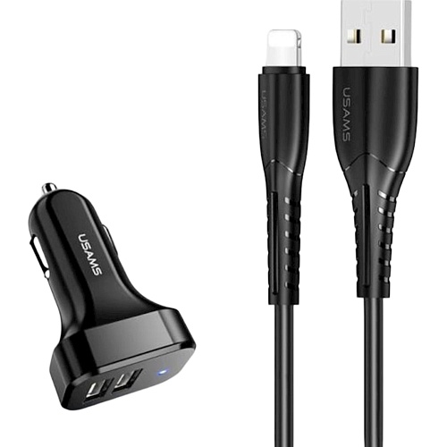 Автомобильное зарядное устройство Usams C13 2.1A Dual Ports + USB Cable Lightning Black (NTU35LC13TZ)