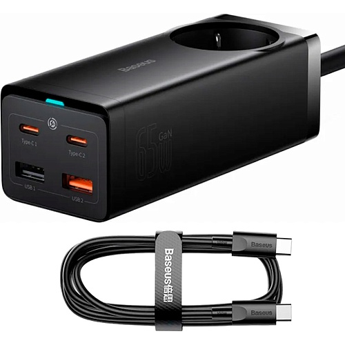 Сетевое зарядное устройство Baseus GaN3 Pro Desktop Powerstrip 65W + Cable USB-C to USB-C Black (PSZM000901)