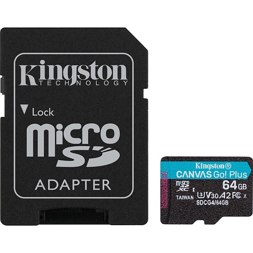 Карта памяти Kingston microSDXC Canvas Go! Plus 64GB Class 10 UHS-I U3 V30 A2 + SD адаптер (SDCG4/64GB)