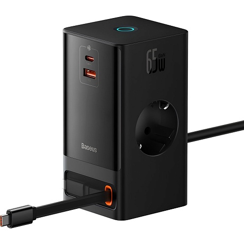 Сетевое зарядное устройство Baseus PowerCombo Digital PowerStrip 2AC+1U+1C+Retractable-C 65W Black (PSLR000301) EU