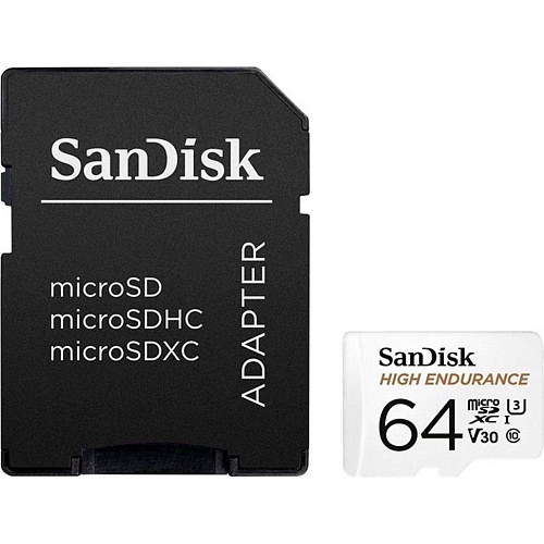 Карта памяти SanDisk microSDXC High Endurance 64GB UHS-I U3 V30 Class 10 + SD-adapter (SDSQQNR-064G-GN6IA)