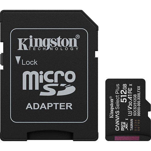 Карта памяти Kingston microSDXC Canvas Select Plus 512GB Class 10 UHS-I U3 А1 V30 + SD адаптер (SDCS3/512GB)