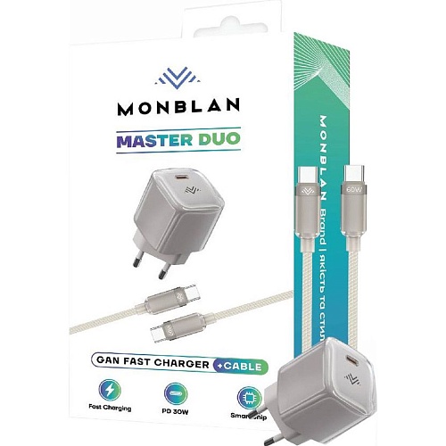 Сетевое зарядное устройство Monblan A1 Master Duo Series 30W + Cable USB-C to USB-C Titanium