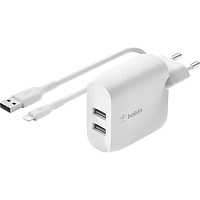 Сетевое зарядное устройство Belkin Boost Up Charge Dual USB-A 24W + Cable USB-A - Lightning White (WCD001VF1MWH)