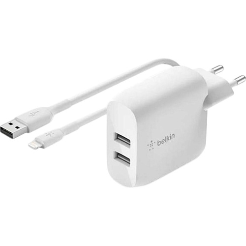 Сетевое зарядное устройство Belkin Boost Up Charge Dual USB-A 24W + Cable USB-A - Lightning White (WCD001VF1MWH)