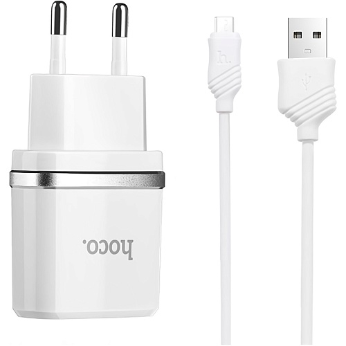 Сетевое зарядное устройство Hoco C11 + Cable USB-A to MicroUSB White 