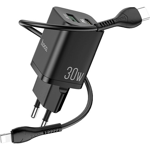 Сетевое зарядное устройство Hoco N13 Bright PD30W + Cable USB-C to Lightning Black (747419)