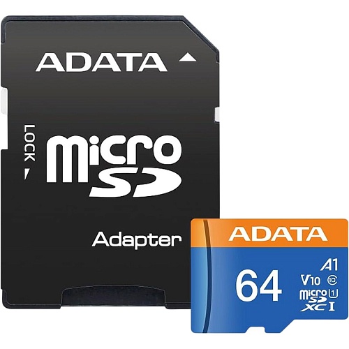 Карта памяти ADATA MicroSDXC Premier 64Gb Class 10 UHS-1 A2 + SD адаптер (AUSDX64GUICL10A1-RA1)