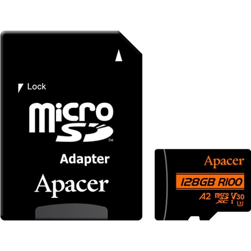 Карта памяти Apacer microSDXC 128GB Class 10 UHS-I/U3 V30 A2 R100 + SD Adapter (AP128GMCSX10U8-R)