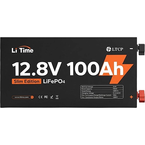 Аккумулятор Li Time LiFePO4 12V (12.8V/100Ah/1280Wh) (L12V100-100-SLIM-LTCP-4)