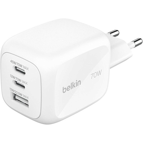 Сетевое зарядное устройствоBelkin BoostCharge Pro 3-Ports GaN Wall Charger 70W White (WCH018HQWH)