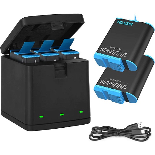 Зарядное устройство Telesin 3 Slots LED Storage Charger Box для GoPro 8/7/6/5 с двумя аккумуляторами (BTR-802-B)