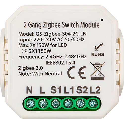 Розумне реле Tuya Zigbee 2 з нульовою лінією (QS-Zigbee-S04-2C-LN)   - придбати в Дніпрі, Україні: ціна, характеристики | інтернет-магазин TOUCH